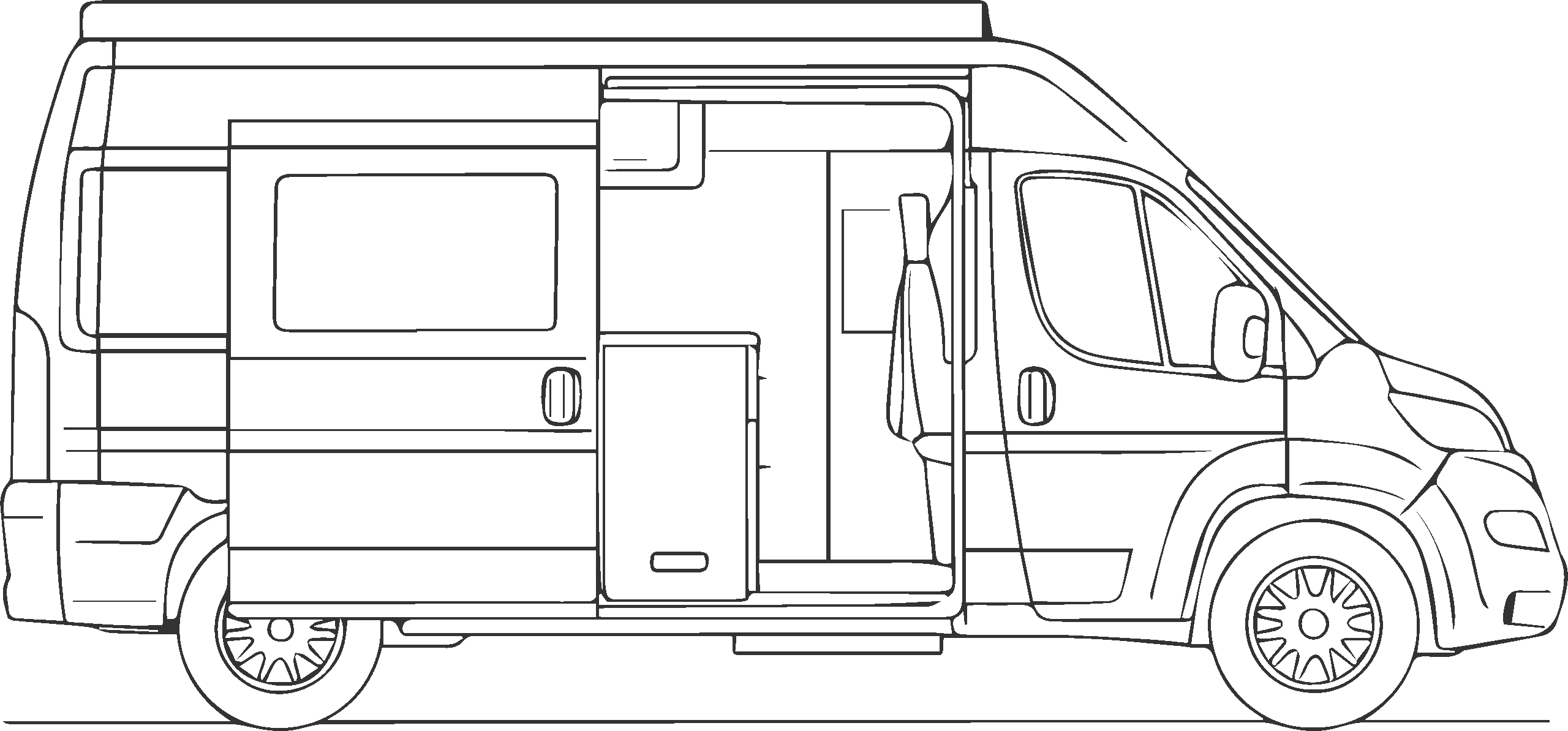 vector de furgoneta camperizada de lado con la puerta abierta enseñando el interior de comedor